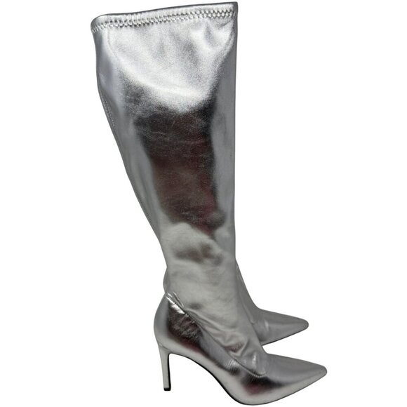 Open Edit Viv Pointy Toe Knee High Heeled Boot Women's 7 Silver Going Out NWOB - Picture 2 of 14